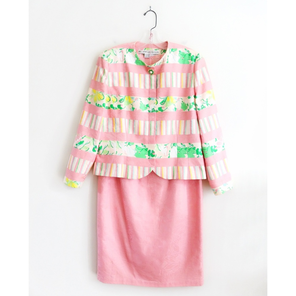 Vintage 80s Light Pink Cotton Skirt Suit fit 10 12 - Picture 1 of 8